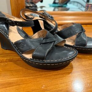 Born Black Leather Wedge Sandals